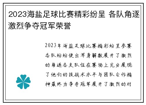 2023海盐足球比赛精彩纷呈 各队角逐激烈争夺冠军荣誉