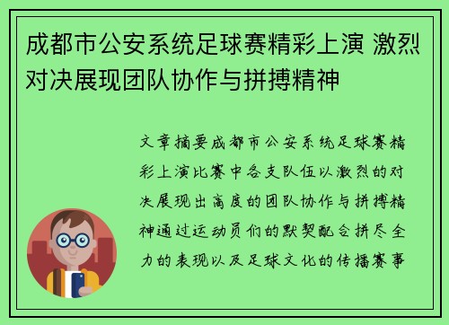 成都市公安系统足球赛精彩上演 激烈对决展现团队协作与拼搏精神