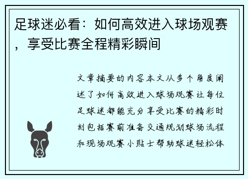 足球迷必看：如何高效进入球场观赛，享受比赛全程精彩瞬间