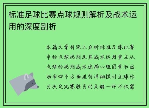 标准足球比赛点球规则解析及战术运用的深度剖析