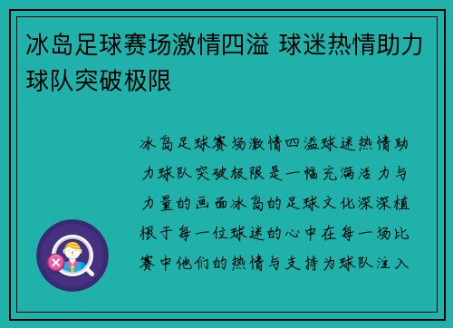 冰岛足球赛场激情四溢 球迷热情助力球队突破极限