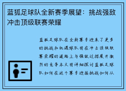 蓝狐足球队全新赛季展望：挑战强敌冲击顶级联赛荣耀
