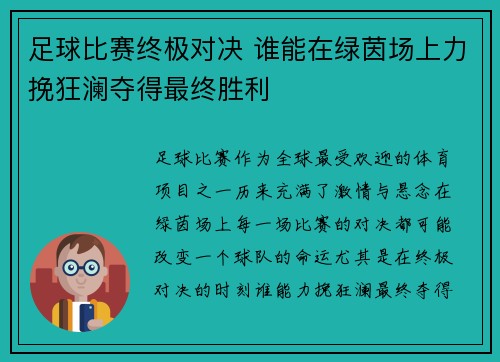 足球比赛终极对决 谁能在绿茵场上力挽狂澜夺得最终胜利