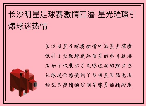 长沙明星足球赛激情四溢 星光璀璨引爆球迷热情