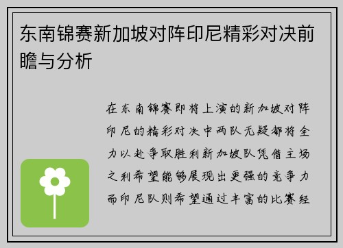 东南锦赛新加坡对阵印尼精彩对决前瞻与分析