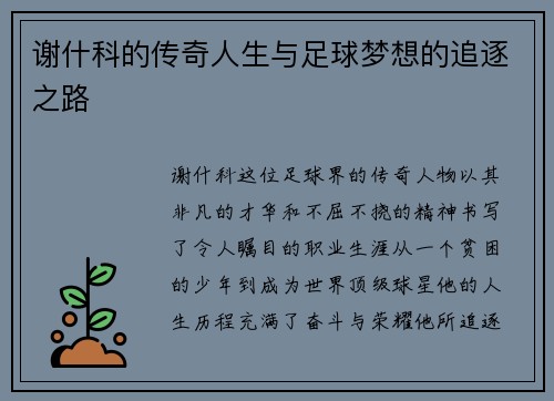 谢什科的传奇人生与足球梦想的追逐之路